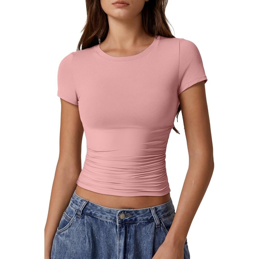Women's Crop Tops Pink Short Sleeve Casual Y2K Round Neck Side Ruched Pleated